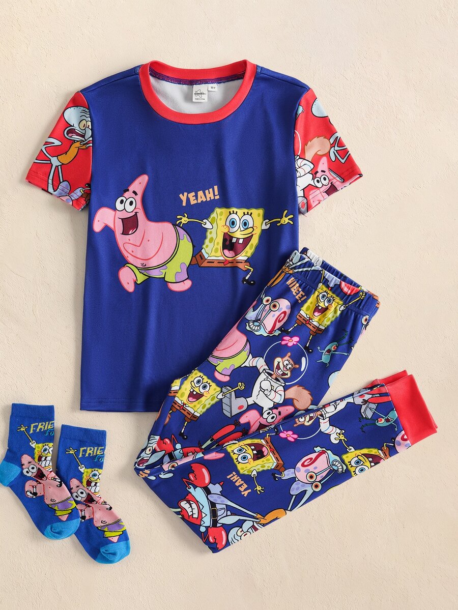 SpongeBob SquarePants | SHEIN Tween Boy Cartoon Print Short Sleeve Top And Fitted Long Pants Loungewear Set - Blue - View 1
