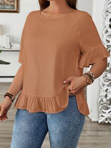 EMERY ROSE Plus Size Solid Ruffle Trim Round Neck Short Sleeve Loose Blouse Spring Summer 2026 - Rust Brown - View 5