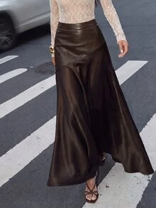 Anewsta Women's Elegant Skirt, Versatile Casual Commute PU Patchwork Satin Skirt - Coffee Brown - View 6