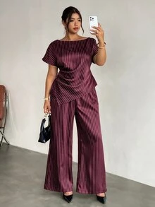 Firerie Plus Size Fashion Commuter Striped Shirt & Pants Suit Set - Red Violet - View 4