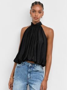 Maija Women's Solid Color Pleated Fashion Elegant Halter Top Party Cocktail Night Out Black Summer - Black - View 6