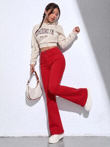 SHEIN ICON 女款高腰口袋休閒百搭喇叭褲牛仔褲 - 紅色 - 查看 5