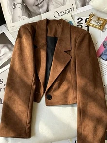 SHEIN Franclia 2026夏季新款女款棕色條紋仿麂皮短版西裝外套，翻領單排扣長袖西裝夾克，復古休閒通勤風 - 棕色 - 查看 3