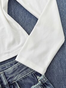 SHEIN 少女蕾絲拼接長袖時尚百搭T恤 - 白色 - 查看 3