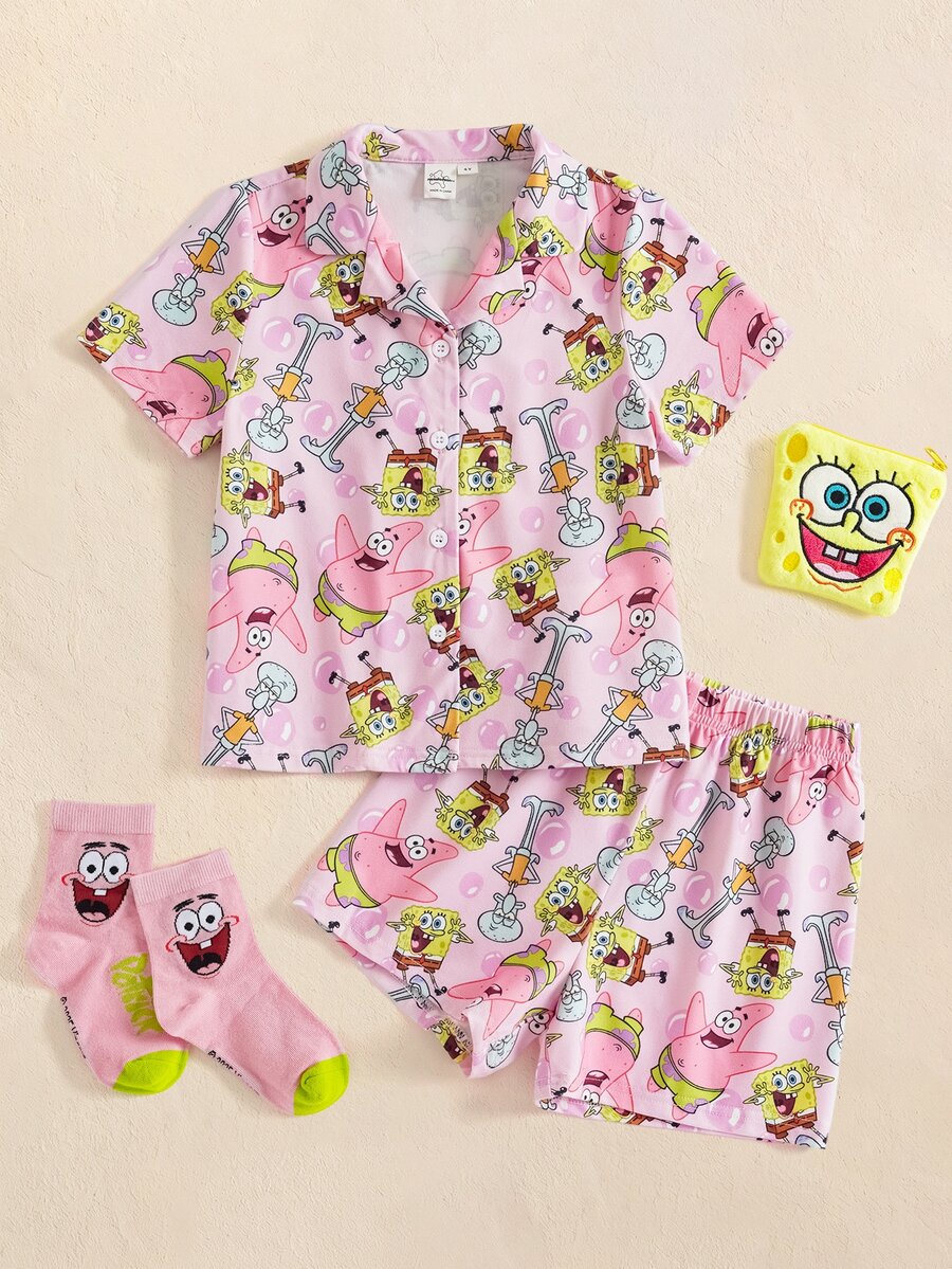 SpongeBob SquarePants | SHEIN 女童卡通印花短袖上衣與短褲居家休閒套裝 - 彩色 - 查看 1