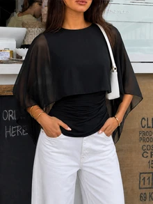 Ritzy Row Women's Solid Color Round Neck Asymmetric Design Fashion Elegant Top - Black - View 3