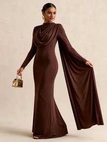 Vesra Gaun Wanita Polos Lengan Panjang Berlipit dengan Desain Pita, Potongan Slim Fit, Elegan - Coklat - View 4
