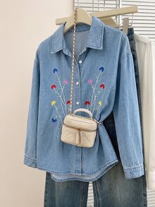 GlowEve 女款花卉刺繡圖案休閒百搭日常穿著牛仔上衣 - 藍色 - 查看 5
