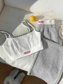 Comfortcana Plus Size Women's Letter Print Denim Camisole Top And Pants Casual 2-Piece Set - Light Grey - View 5