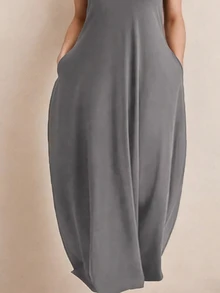 INAWLY Plus Size Summer Casual Solid Color Dress - Grey - View 4