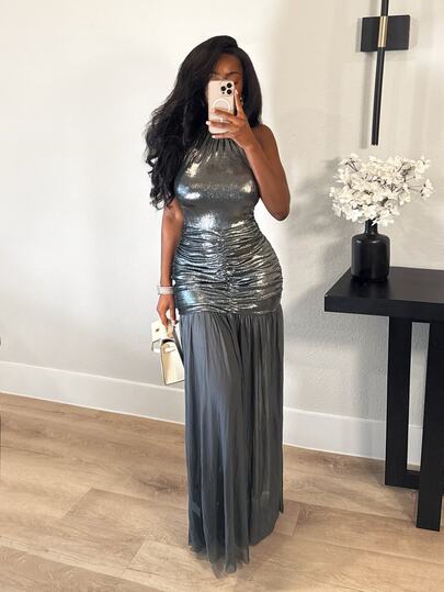 BamGleam Damesmode Metallic Rugloze Halterneck Jurk voor Feestjes