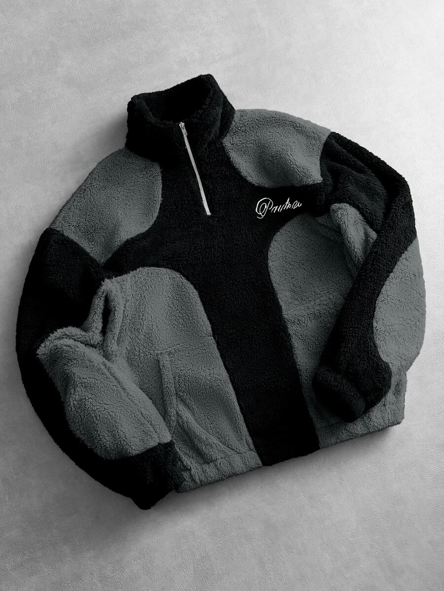 ÉpureWay Men's Young Street Style, Minimalist Patchwork Stand Collar Half-Zip Pullover Fleece Sweatshirt, Warm, Lightweight, Autumn/Winter Streetwear, Black - Grey - View 1