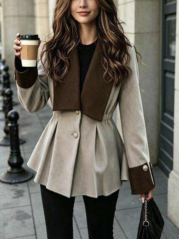 SHEIN 2026 New Vintage Colorblock Oversized Lapel Waist-Cinching Wool Short Jacket For Women, French Gentle Style Contrast Navy Collar Gold Button Wool Top, Back Elastic Drawstring Slimming Petite Coat, Autumn/Winter Commute Elegant Patchwork Cuff Wool Cardigan