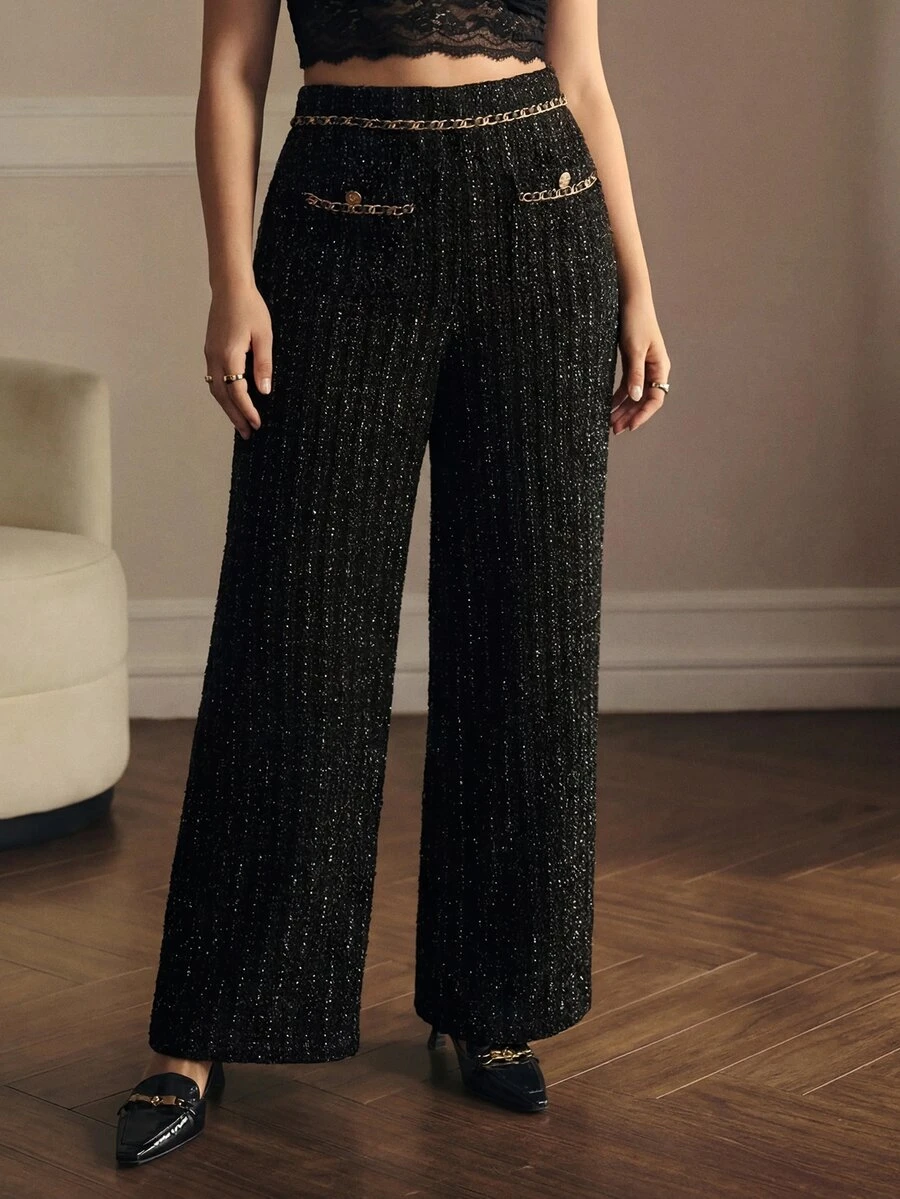 MOTF PREMIUM PLUS SIZE AUTUMN/WINTER CHAIN DECOR TWEED WIDE LEG PANTS - Black - View 1