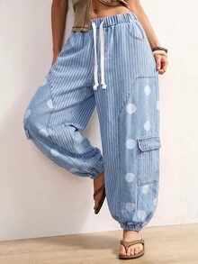 Bohemela بنطال كارغو نسائي بخطوط وخصر برباط للاستخدام اليومي الكاجوال - أزرق فاتح اللون - مشاهدة 1
