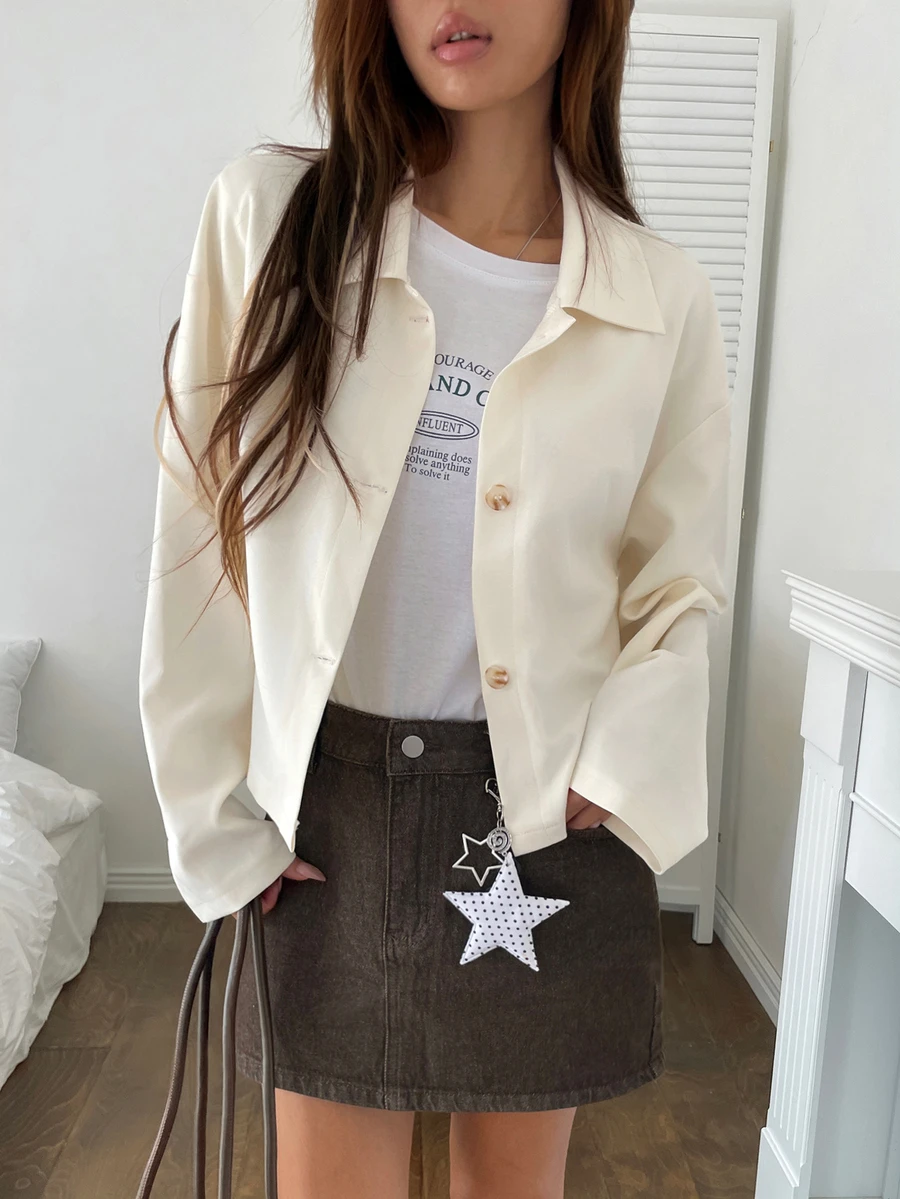K-Vae Jaket Pendek Wanita Warna Beige Lembut dengan Kerah, Atasan Kasual Longgar Minimalis untuk Beraktivitas di Luar Rumah - Aprikot - View 1