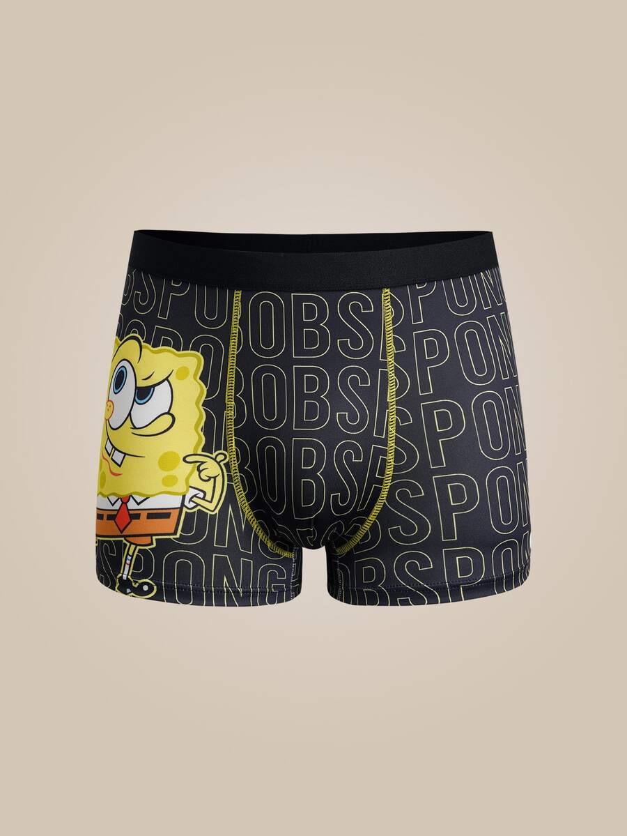 SpongeBob SquarePants | SHEIN Celana Dalam Boxer Pria dengan Motif Huruf Kartun - Hitam - View 1