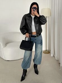 SHEIN PETITE Stylish American-Style Black Jacket With A Distressed Gradient Finish For Petite Women. - Black - View 5