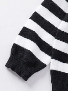 SHEIN Young Girl Loose Casual Minimalist Comfortable Round Neck Striped Pattern Cardigan Sweater Pants 2 Pieces Set Autumn Kids - Black and White - View 6