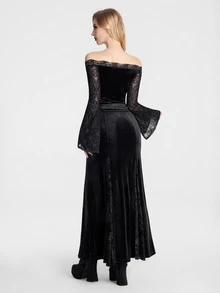 Breakform Gothic Goth Elegant Style Black Flocked Bat Cutout Women's Fashion Mesh Patchwork Elastic Waist Fitted Midi Skirt Halloween Party Autumn - Black - View 2