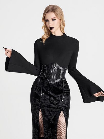 Breakform Áo thun nữ phong cách Gothic tối màu cổ nửa cao, tay dài xòe bất đối xứng, dệt kim gân dày mùa thu/đông, ôm dáng tôn dáng, áo lớp lót đa năng