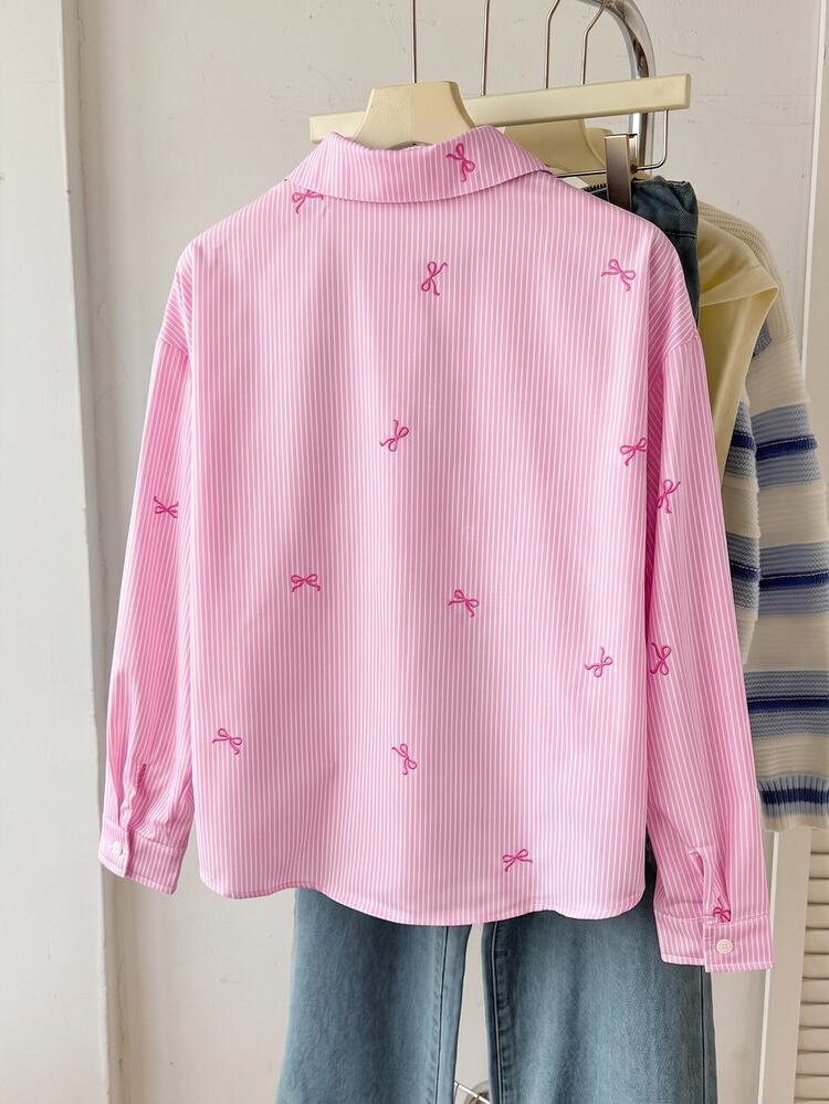 SHEIN Teen Girls Autumn New Light Pink Striped Bow Pattern Loose Long Sleeve Shirt - Baby Pink - View 2