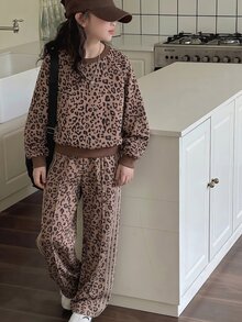青少年女孩新款時尚棕色圓領長袖上衣與寬腿褲兩件套，秋冬款 - 棕色 - 查看 3