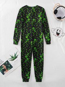 男童遊戲機螢光彩色圖案前拉鍊長袖長版連身衣修身居家服 - 彩色 - 查看 2