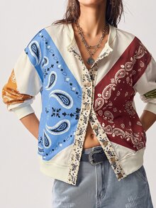 Bohemela Women's Cashew Pattern Single-Breasted Casual Loose Regular Fit Jacket - Apricot - View 3