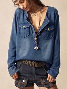 Bohemela Women's Crew Neck Casual Versatile Daily Denim Top - Dark Wash - View 4