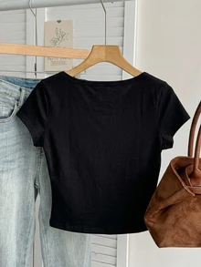 Tseoso Casual Minimalist Black Plus Size T-Shirt Cotton - Black - View 2