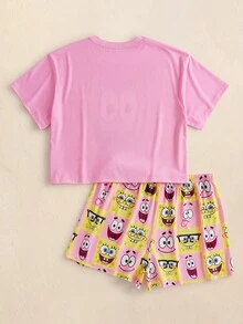 SpongeBob SquarePants | SHEIN Plus Size Women's Cartoon Print Short Sleeve Top And Shorts Casual Daily Home Sleepwear Set - Baby Pink - View 2