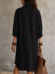 SHEIN LUNE Women's Black Long Sleeve Button Decor Dress Vacation Autumn Casual Basic - Black - View 2