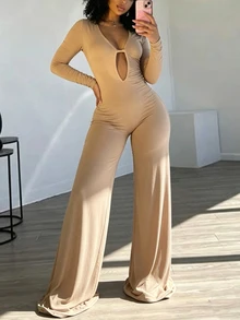 INAWLY Solva جمبسوت بلون موحد بتصميم مفرغ وأكمام طويلة وساق واسعة - لون مشمشي - مشاهدة 2