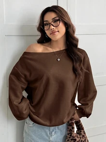 SHEIN EZwear 女款寬鬆棕色保暖內裡不對稱肩領衛衣，秋冬款 - 棕色 - 查看 5