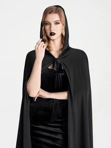 Breakform Halloween Gothic Style Women's Fashion Solid Color Hooded Velvet Lace-Up Open Front Oversized Cape Coat - Black - View 7