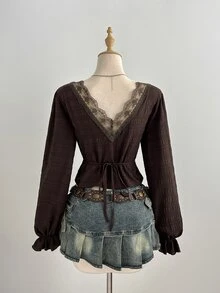 Elamini Dark Brown Textured Bubble Long Sleeve Lace V-Neck Cinched Waist Cropped Blouse - Coffee Brown - View 2