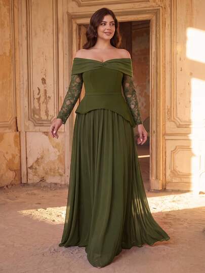 Aureia Plus Size Elegant Glamorous Stretch Knit & Oversized Chiffon Skirt, Round Neck Long Sleeve Sheer Bow Overlay Faux Two Pieces A-Line Train Formal Evening Gown For Women