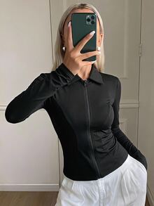 DAZY 女款領口長袖修身休閒防曬薄款底層外套 - 黑色 - 查看 3