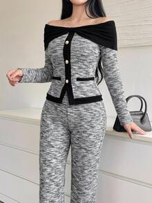 DAZY Women's Colorblock Off-Shoulder Knit Top And Pants 2 Pieces Set, Premium Autumn/Winter Dinner Office Black And White Gray Elegant - Grey - View 5