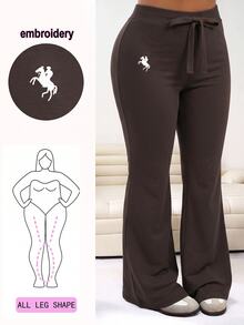 Solflare Plus Size Rider broderade minimalistiska utsvängda byxor med dragskorpsmidja - Brun - Visa 1