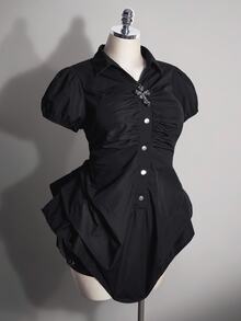 SHEIN ICON Plus Size Women's Summer Retro Goth Casual Sexy Millennial Style Y2K Gothic Halloween Outfit: Puff Sleeve Black Shirt Going Out Night Club Party - Black - View 7