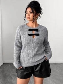 Elenzga Hollow Cable Round Neck Double Bow Front Cutout Slim Fit Long Sleeve Sweater - Grey - View 3