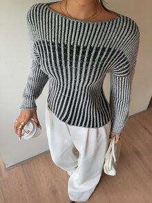 RiviMae Women's Colorblock Design Pullover Sweater - Black and White - View 3