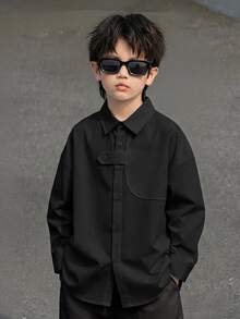 Tween Boy Kids Casual Comfortable Black Long Sleeve Shirt,Collared Open Front Loose Basic Winter Top,Y2K Set,Summer Back-To-School,School,Formal - Black - View 2