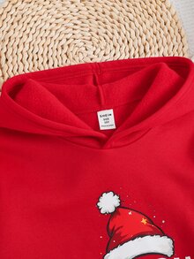 Kids Tween Boys Christmas Hat Print Thickened Crew Neck Long Sleeve Thermal Lined Autumn Winter Sweatshirt, Parent-Child Matching - Red - View 5