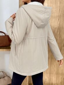 SHEIN Maternity Long Sleeve Zipper Front Drawstring Waist Hooded Winter Jacket - Khaki - View 2