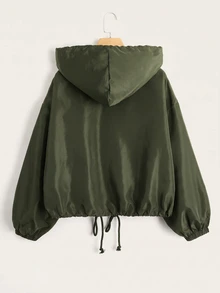 SHEIN EZwear Drop Shoulder Drawstring Hem Hooded Jacket In Fall/Winter - Army Green - View 2