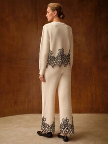 MOTF WOMEN'S AUTUMN/WINTER GUIPURE LACE APPLIQUE TEXTURED FABRIC SWEATER AND WIDE LEG PANTS SET - Apricot - View 3