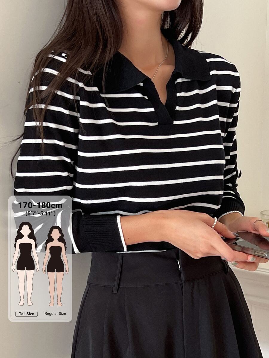 Dazy Tall 女款條紋休閒百搭日常長袖針織衫 秋季 - 黑與白 - 查看 1